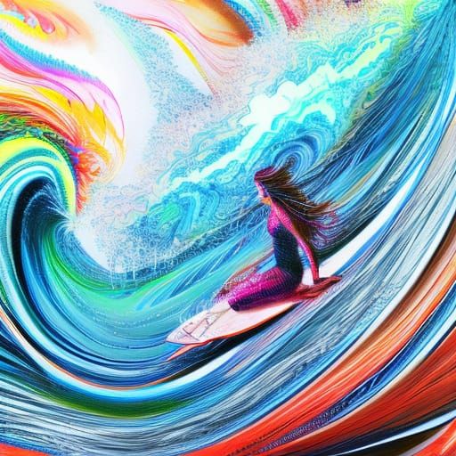 Colorful Lady Surfer in Acrylic Watercolor