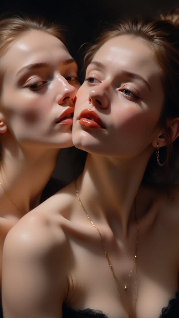 Two Women in Dramatic Light, Romantic Oil Painting