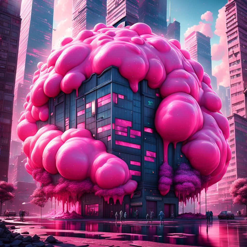 Pink Blob Engulfs 1980s City: Detailed Matte Painting