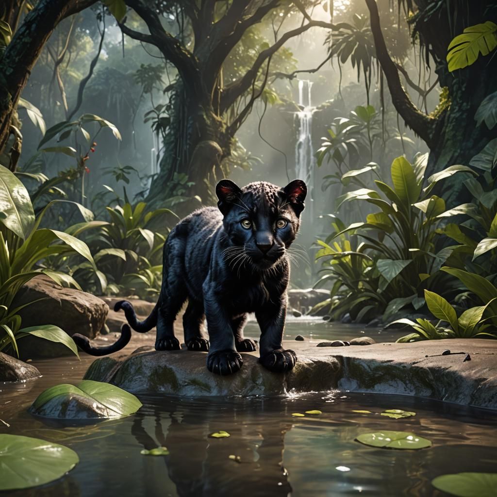 Black Panther Kitten at Jungle Watering Hole
