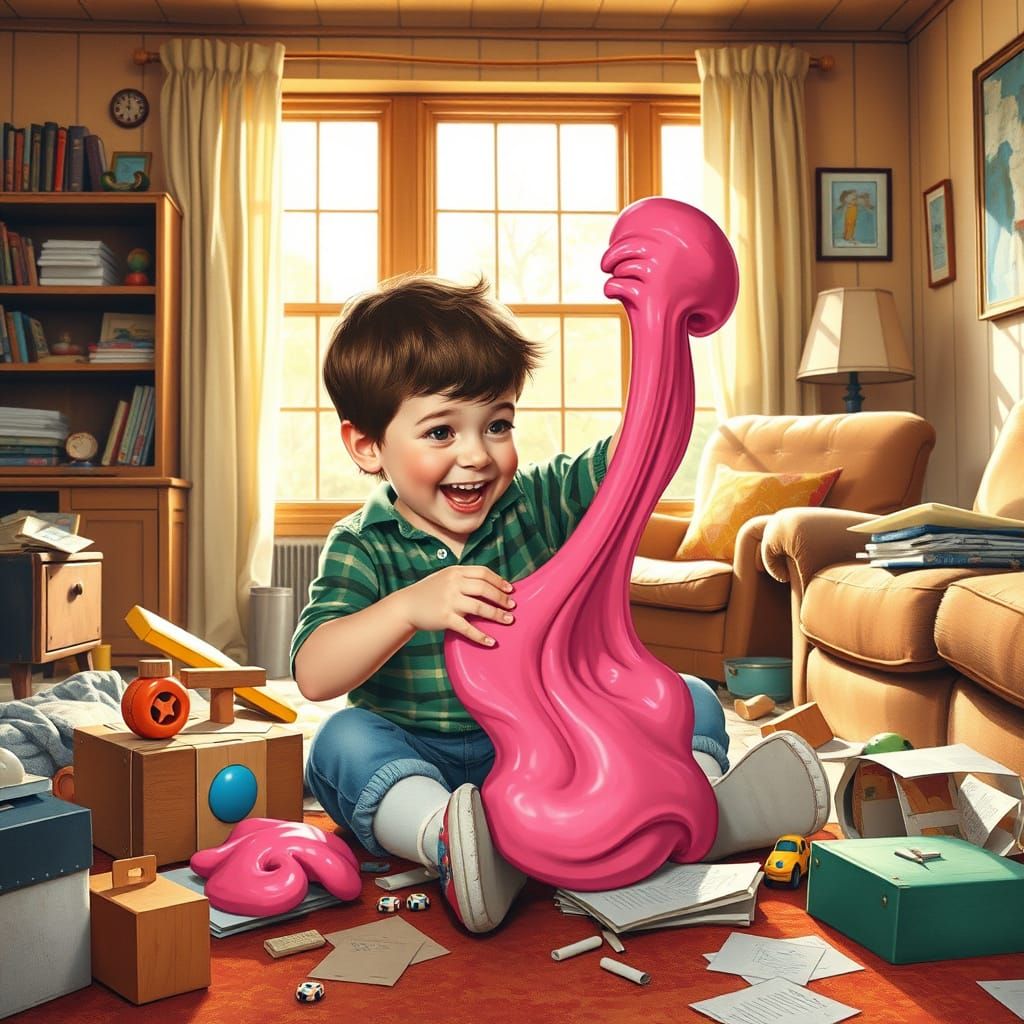 Playful Boy with Silly Putty in Cozy Mid-Century Living Room