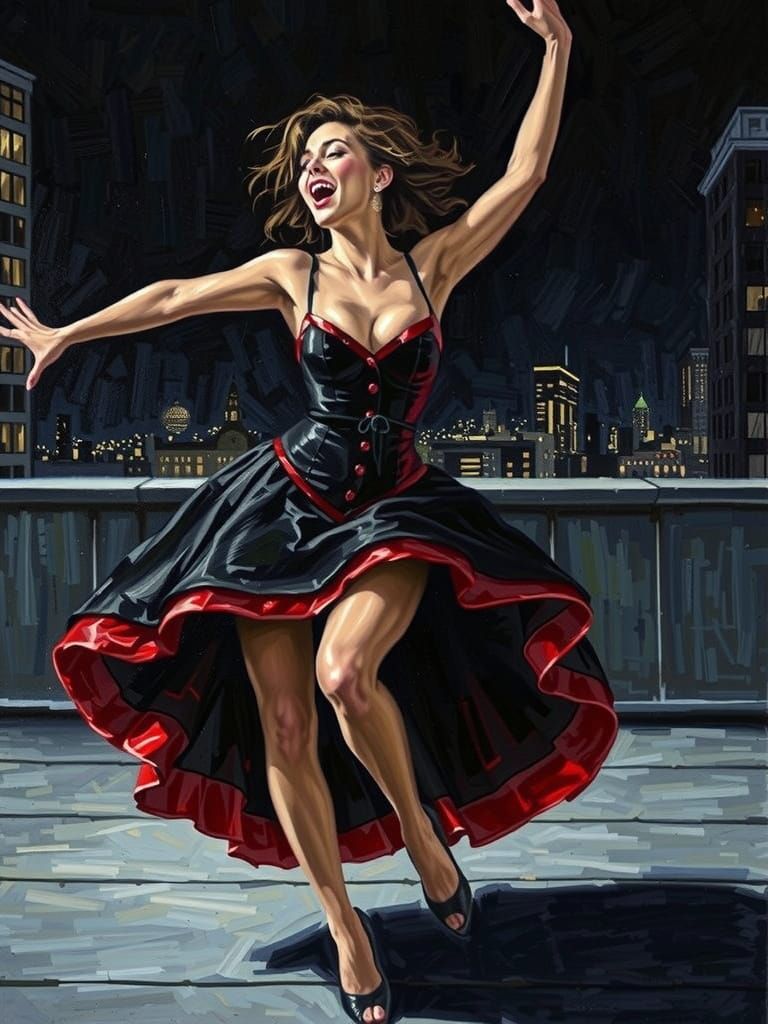 Woman Dancing on Rooftop in Dramatic Oil Painting