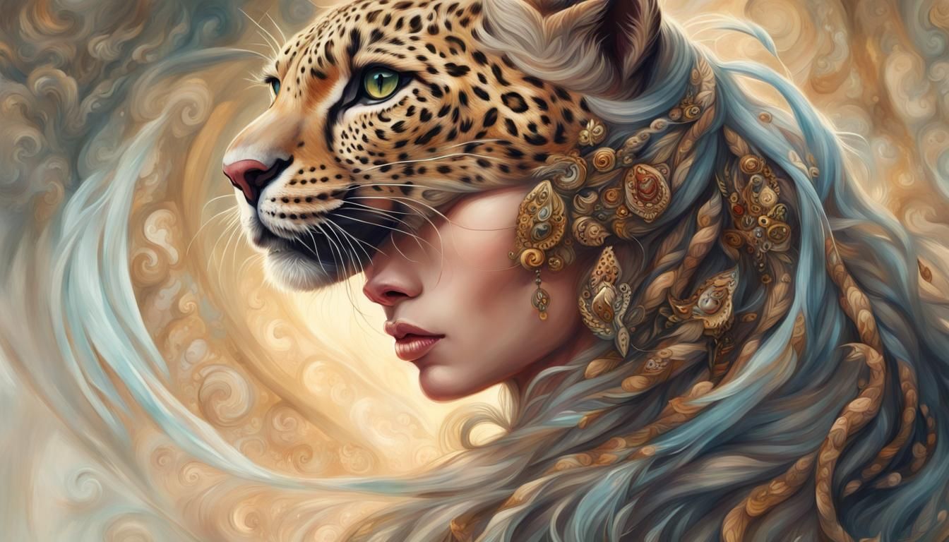 Fantasy Leopard Girl Portrait, Detailed Oil Painting