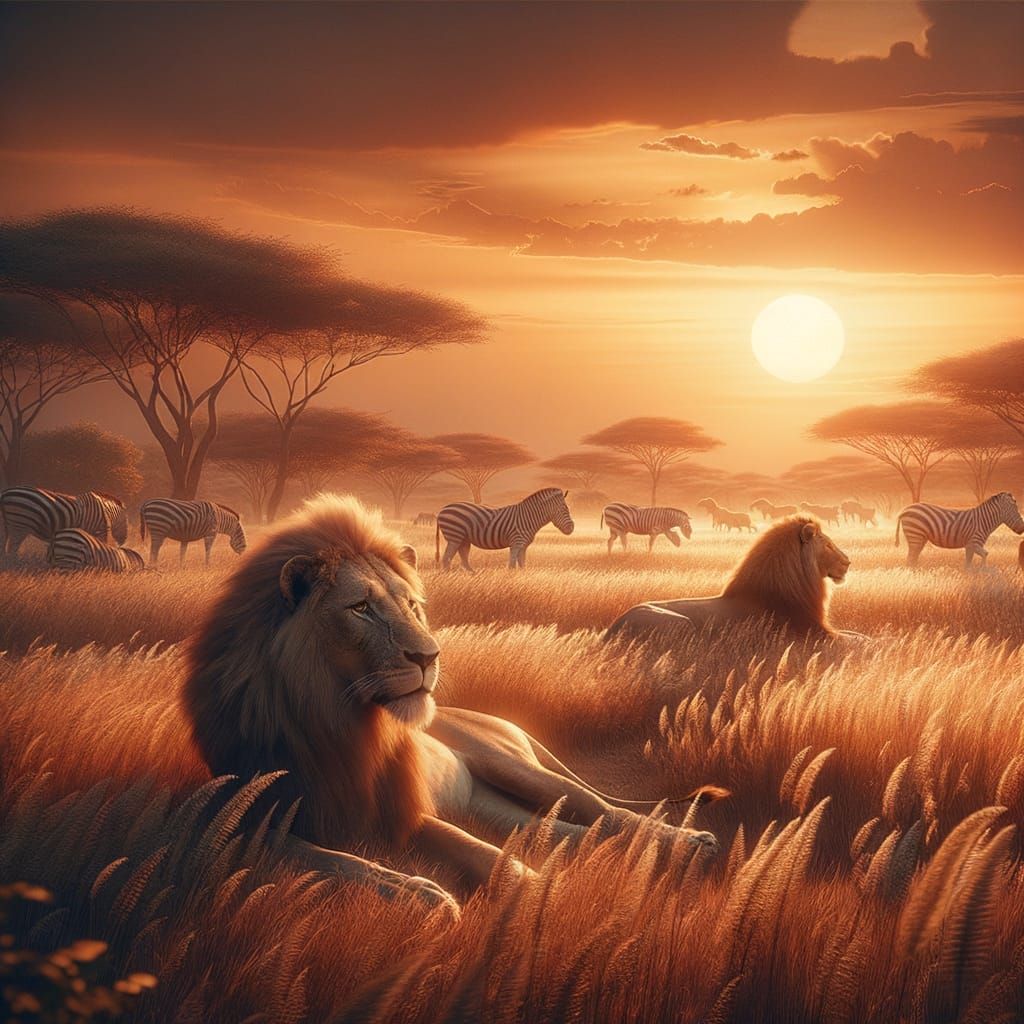 Savanna Sunset with Majestic Lions in Golden Light