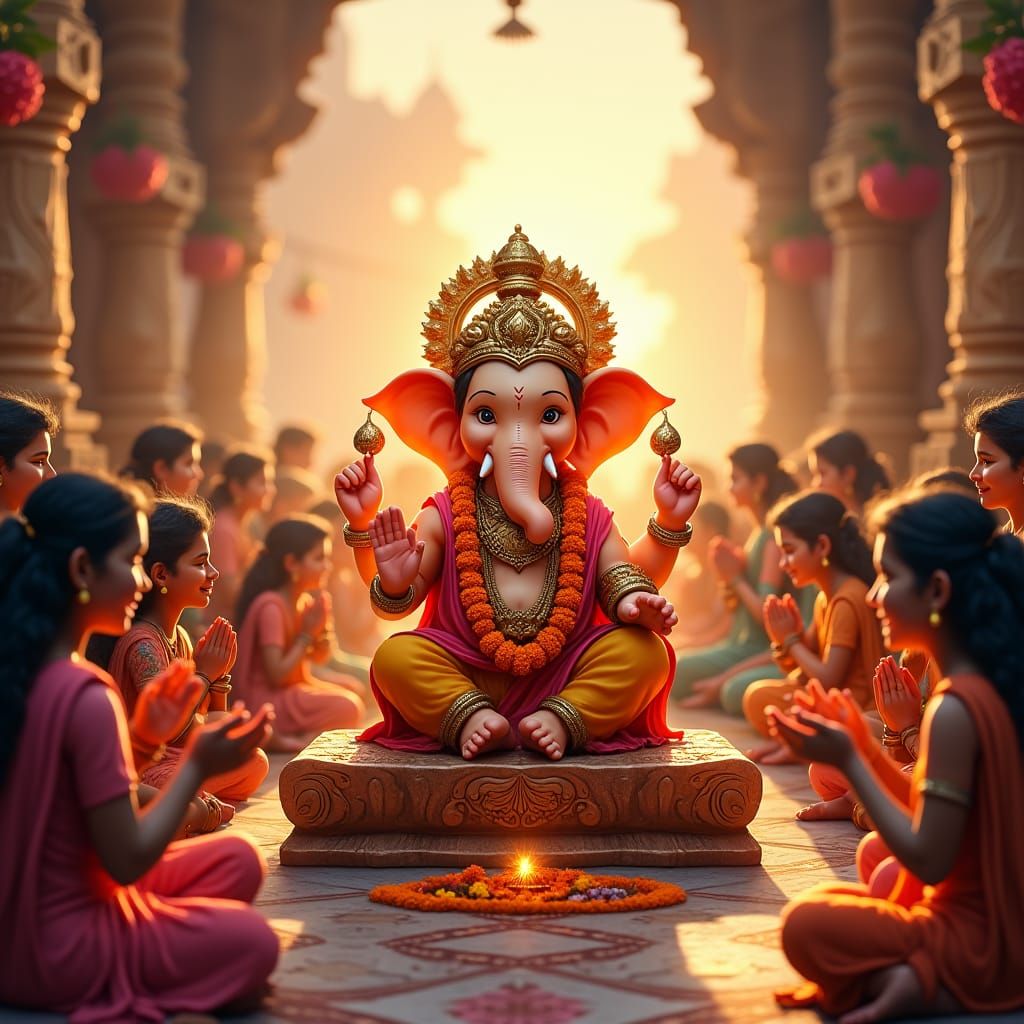 Ganesha's Divine Blessing in a Raja Ravi Varma Style