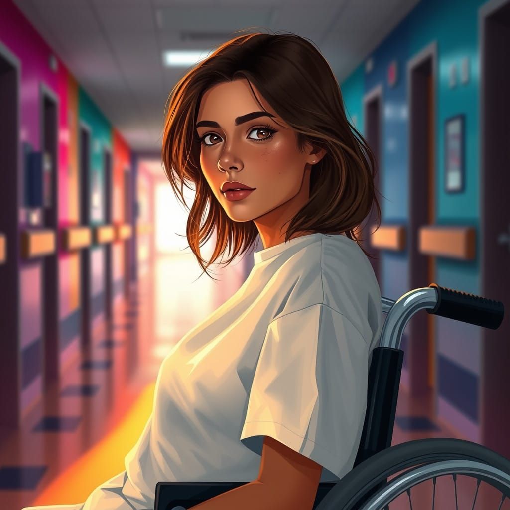 Hyperrealistic Hospital Scene: Injured Woman in Wheelchair