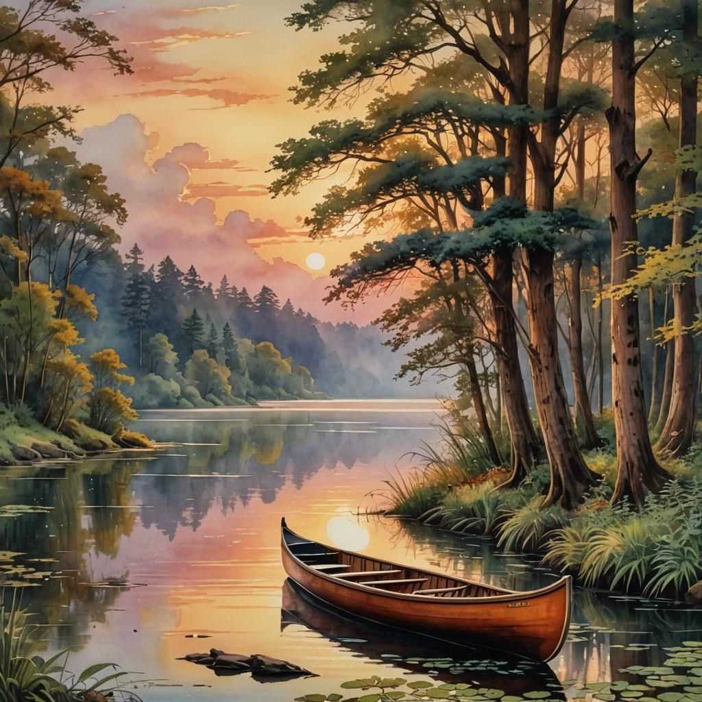 Vintage Canoe at Sunset in Romantic Watercolor Style