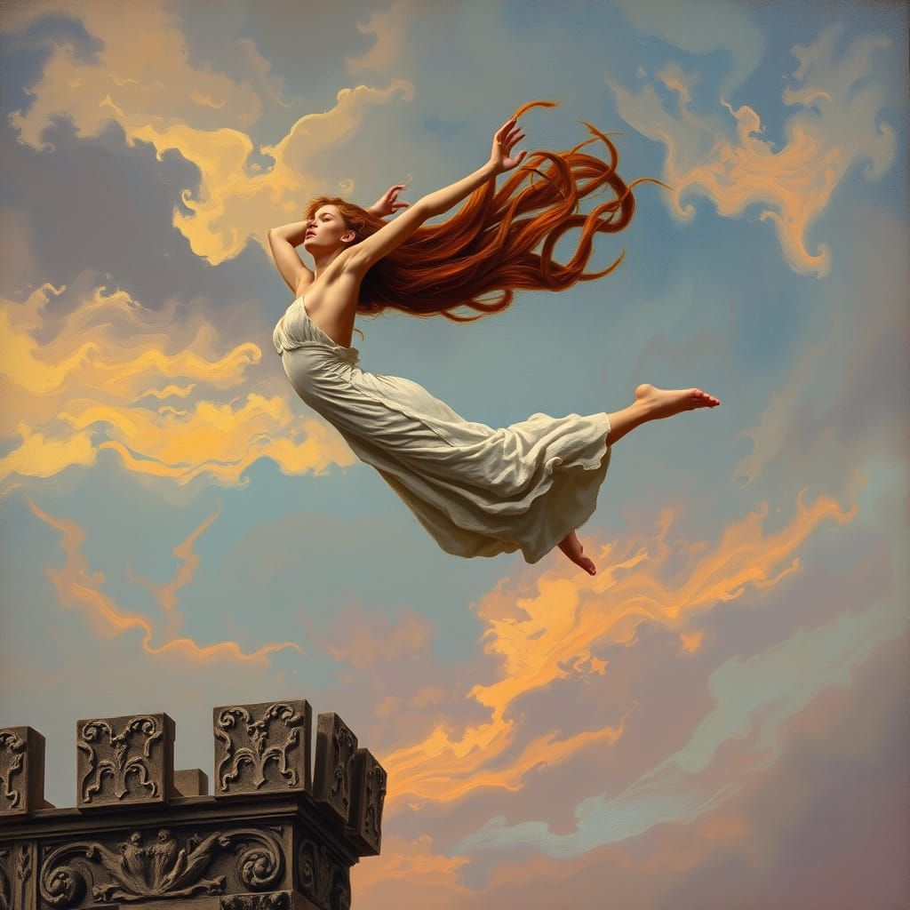 Woman Dives From Ornate Tower in Twilight Sky
