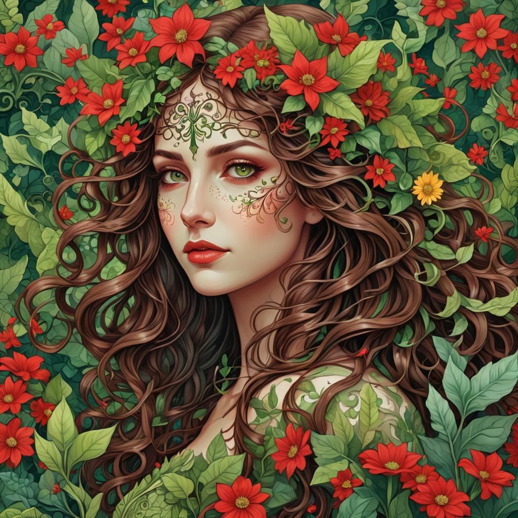 Elf Woman in Flower Garden, Abstract Vector Art