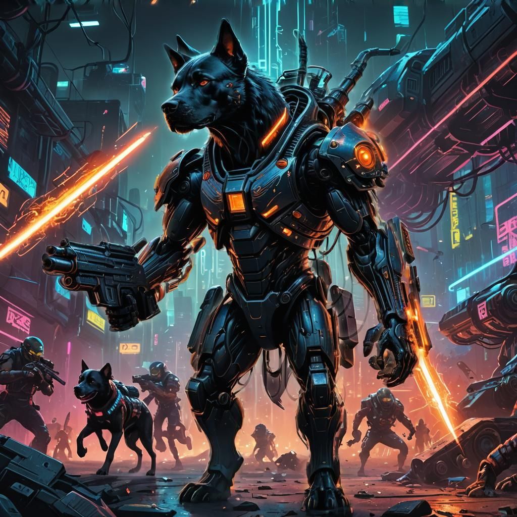 Muscular Dog Battles Aliens in Sci-Fi Landscape