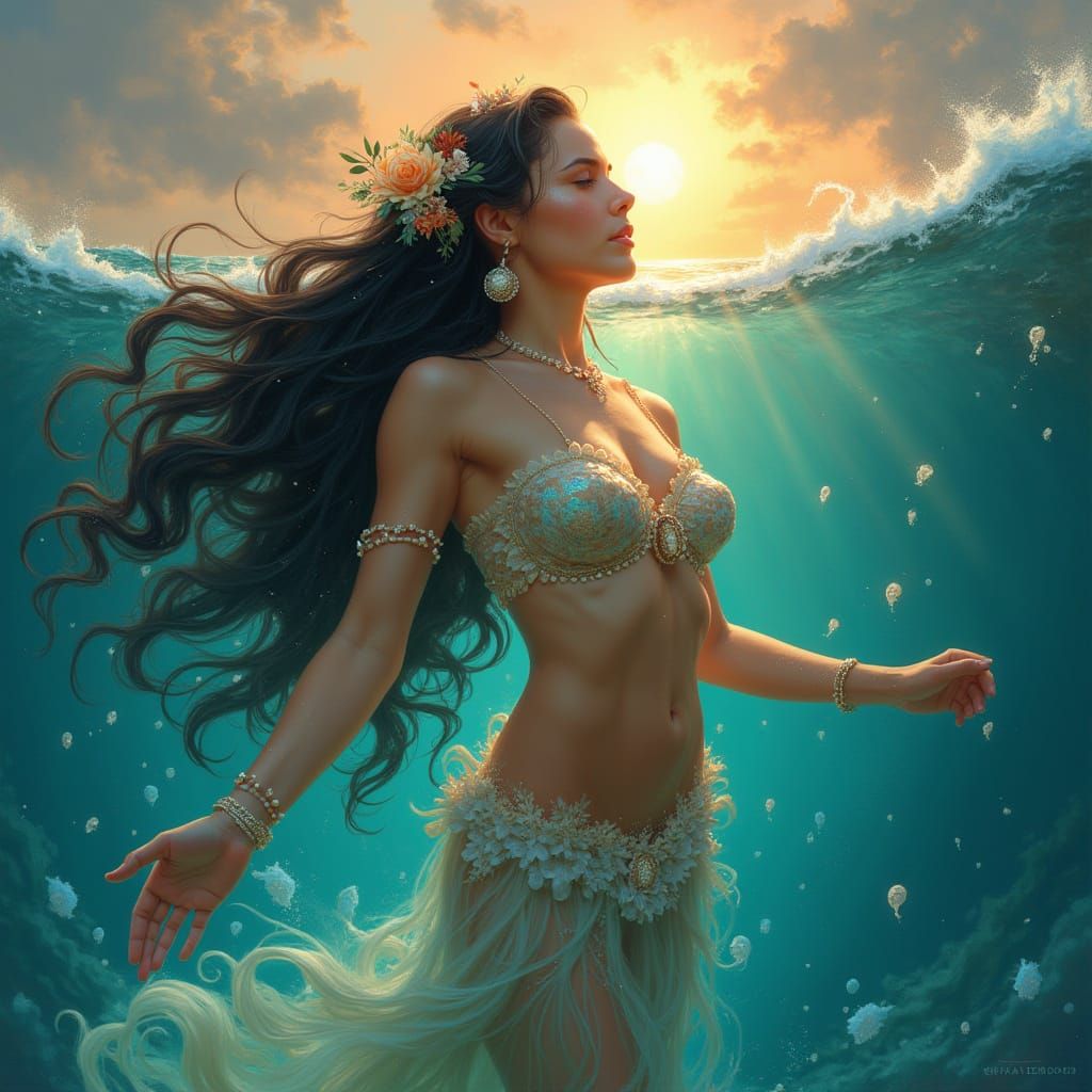 Polynesian Goddess Emerges at Dawn in Art Nouveau Style