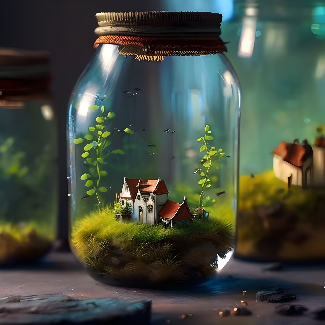 Miniature Village Inside Glass Jar: Dreamy Digital Art