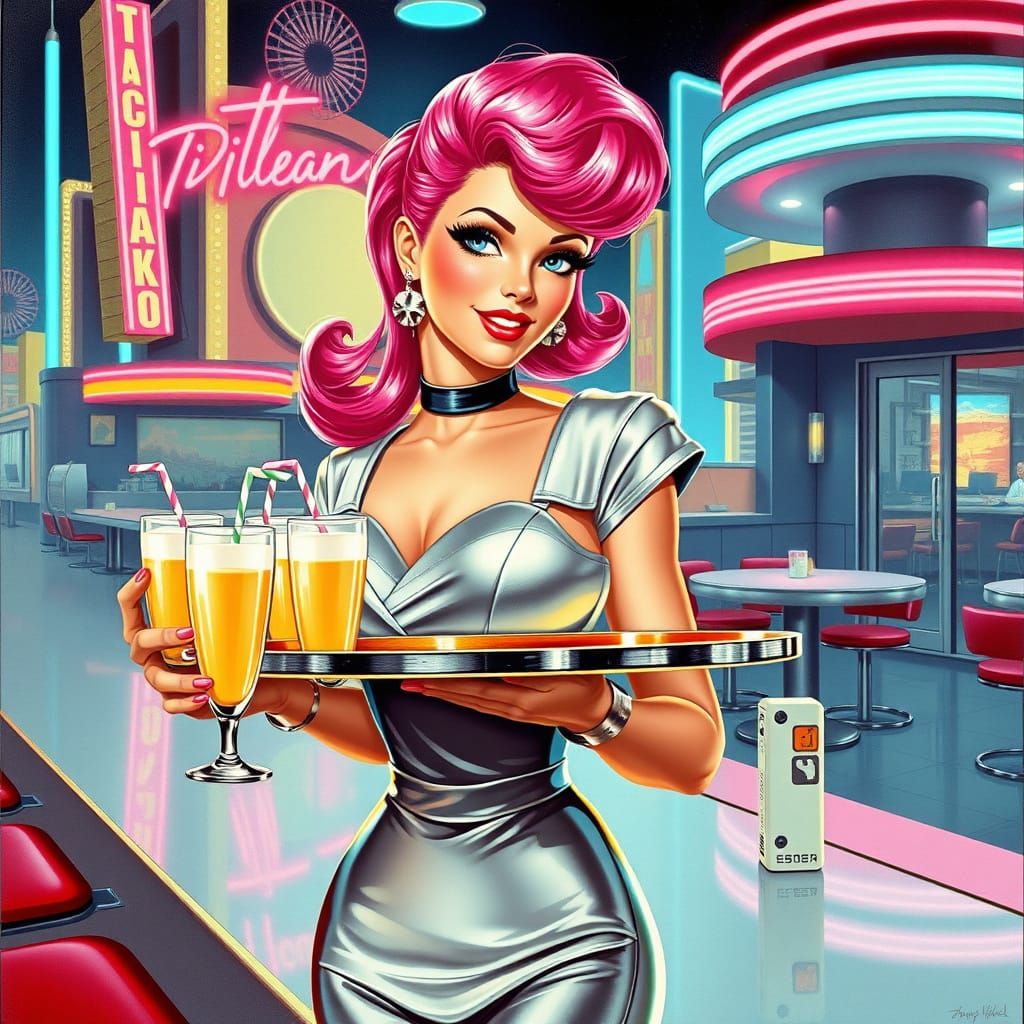 Retro-Futuristic Waitress in Neon Cityscape as Digital Art