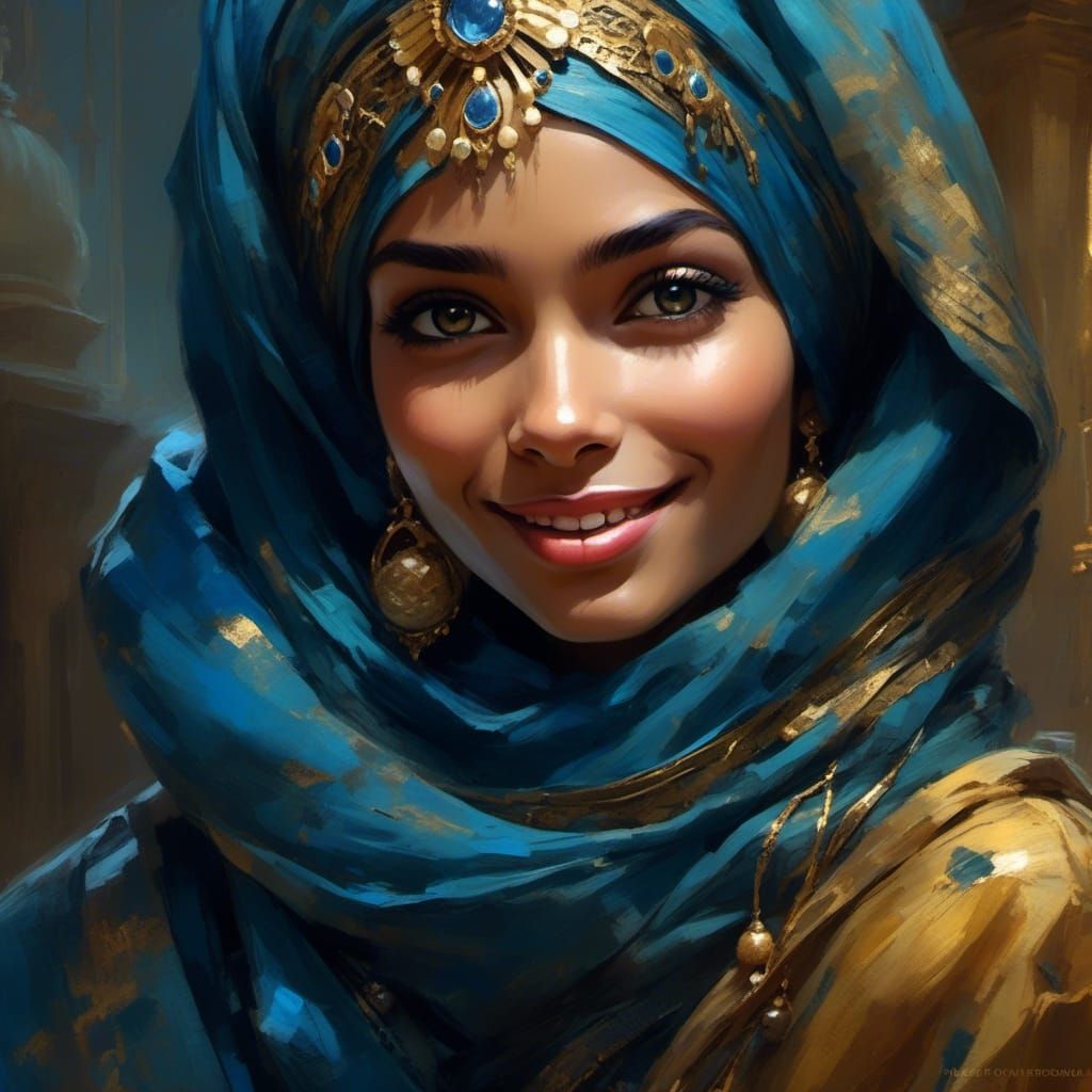 Girl in Blue and Gold Hijab, Rococo Style