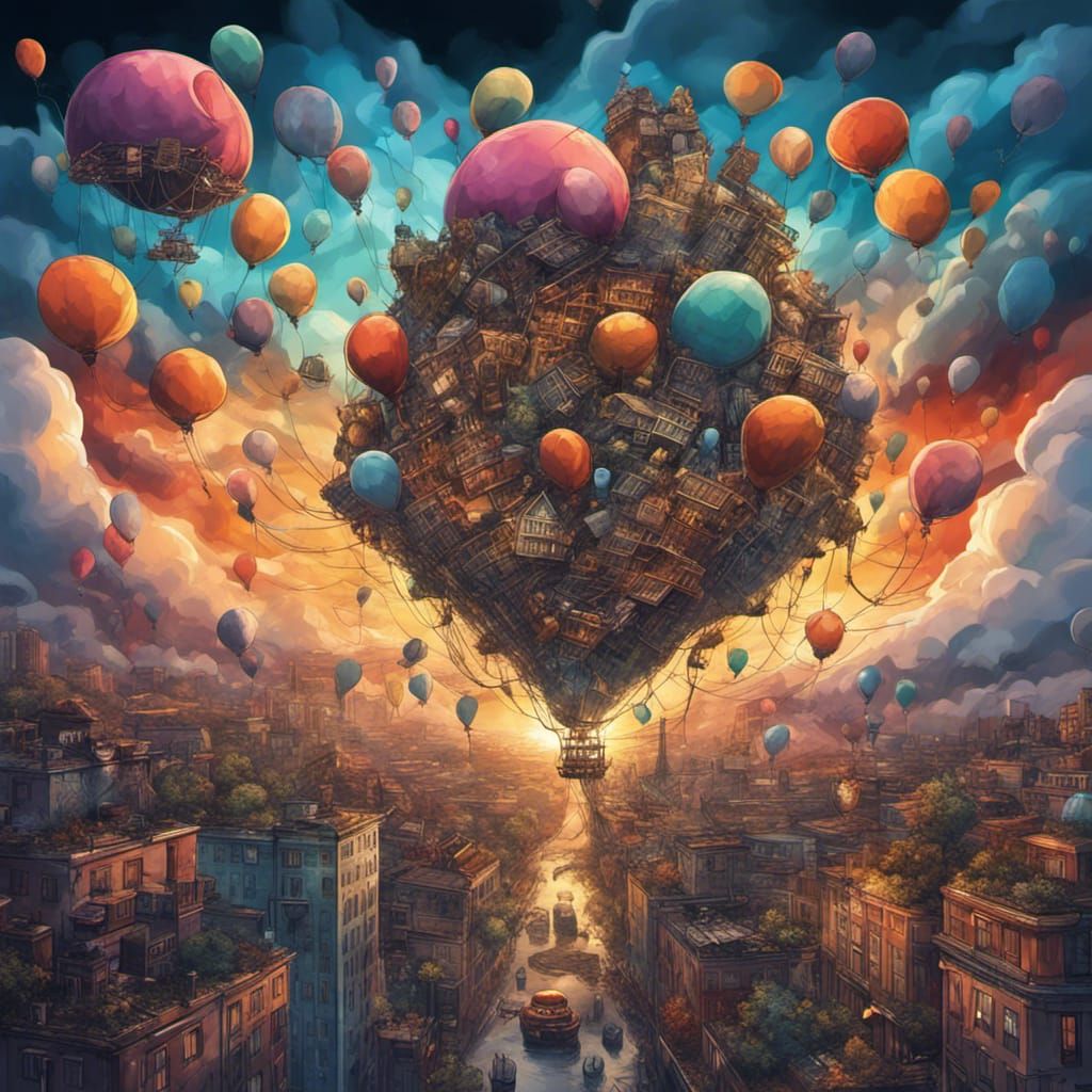 Floating Bio City in Storm Clouds, Graffiti Art