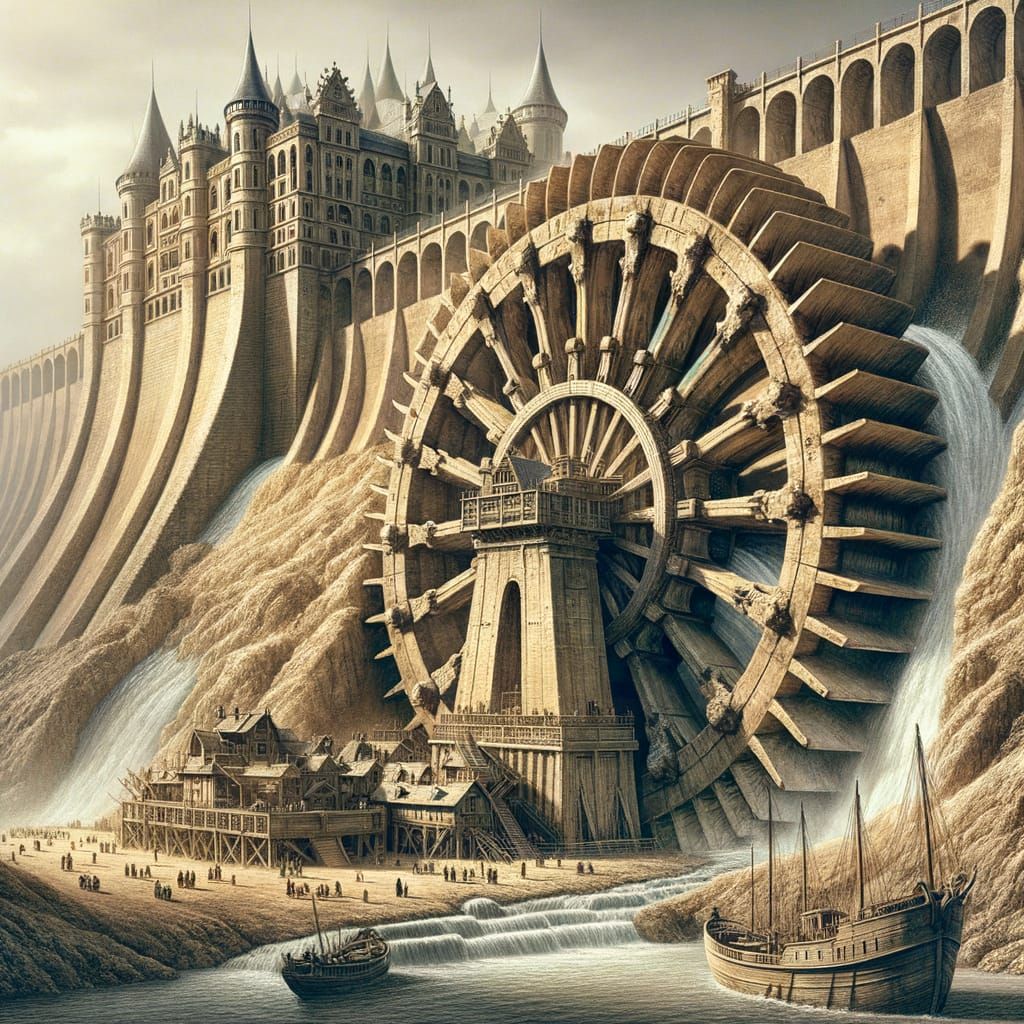 Ancient Earth Dam and Water Wheel near a Majestic Castle