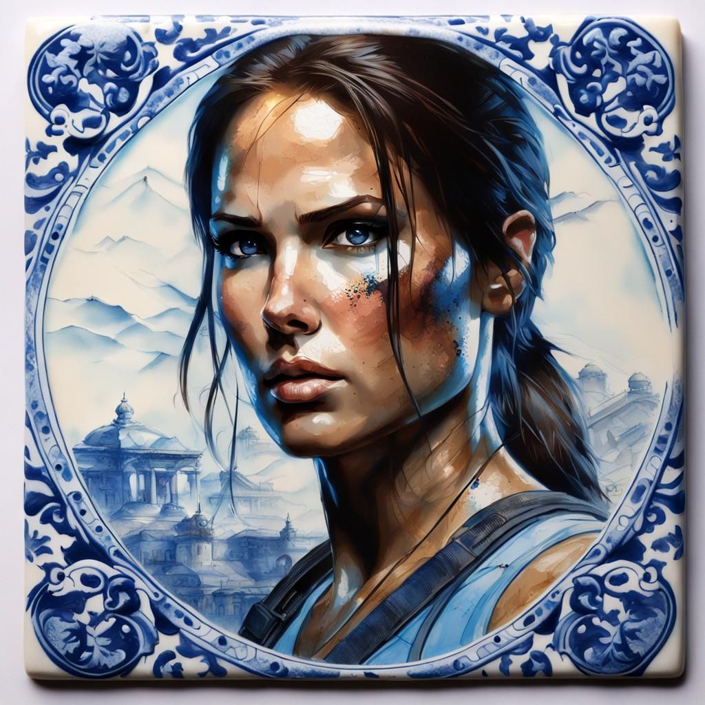 Lara Croft Portrait on Delftware Tile