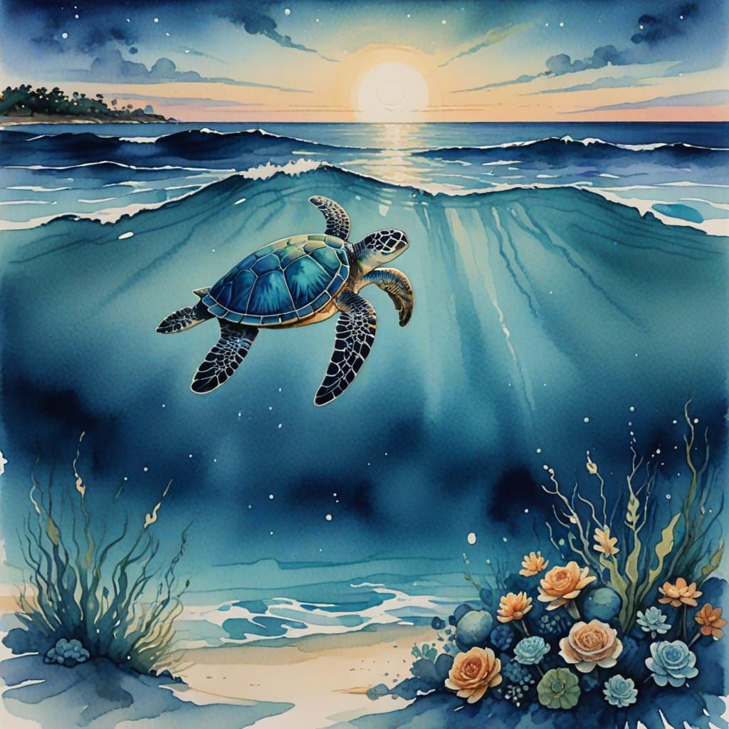 A tranquil ocean stretches endlessly, its surface a mirror o...