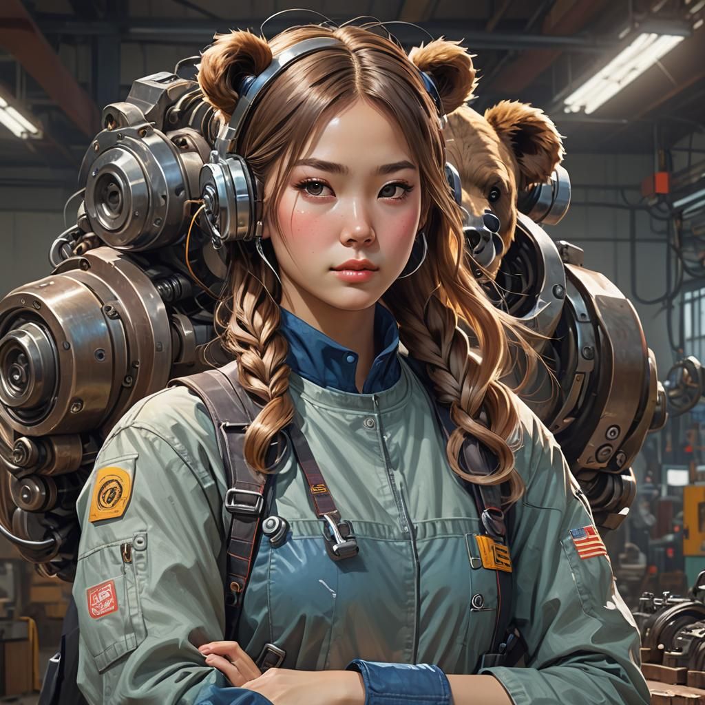 Mechanic and Robot Bear: Digital Art Portrait