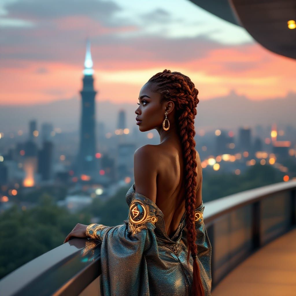 Afrofuturistic Goddess in Sunset Cityscape