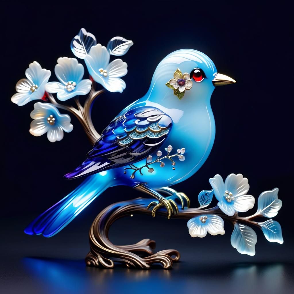 Luminous Blue Glass Bird with Flower Filigree