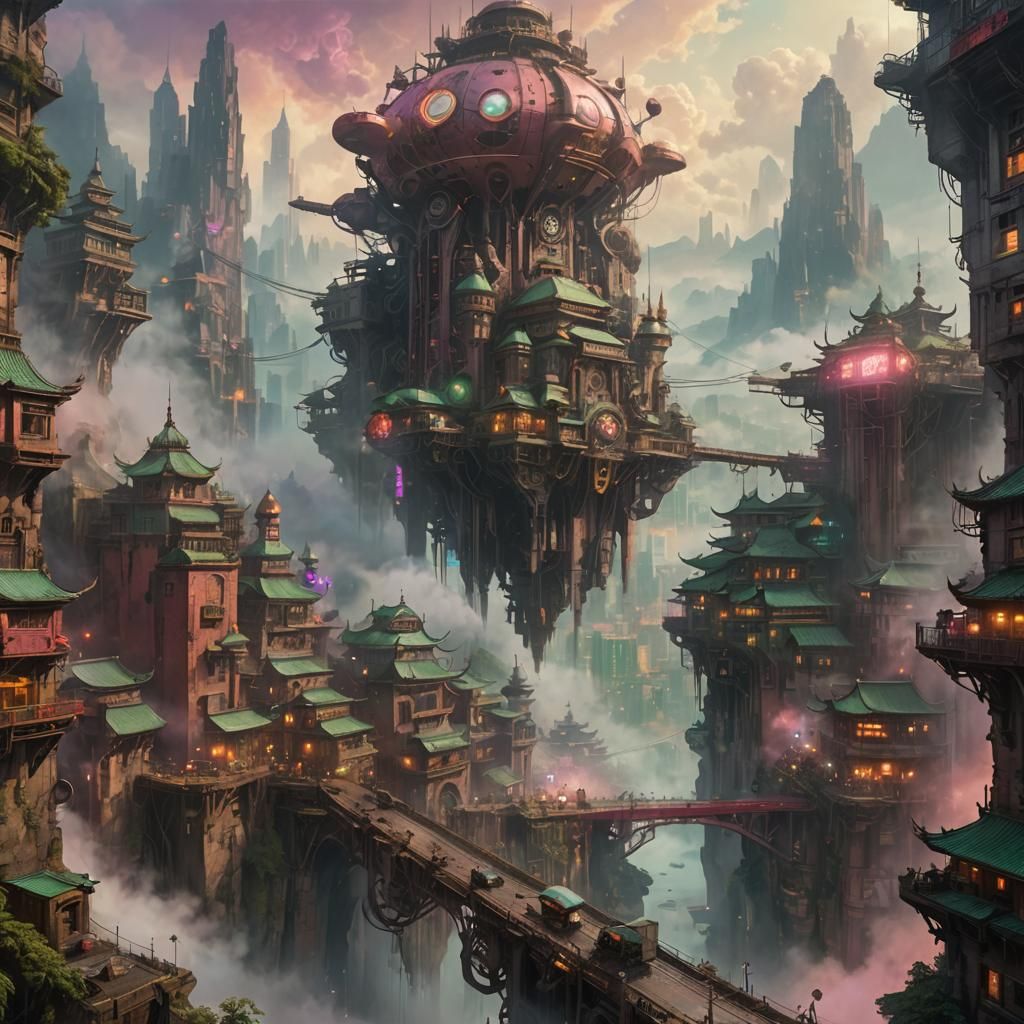 mountain city of chongqing in a cyberpunk steampunk fantasy ...
