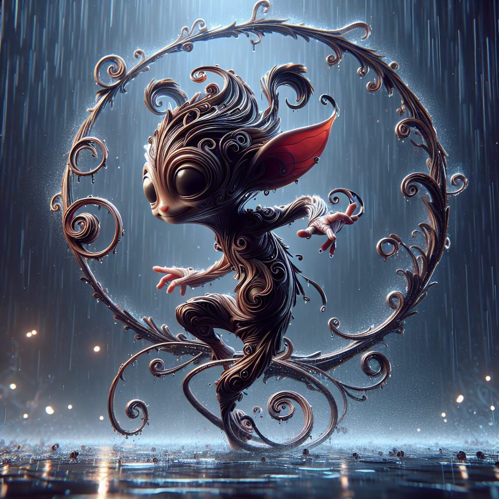 Dancing Imp in Rain, Hyperdetailed Digital Art