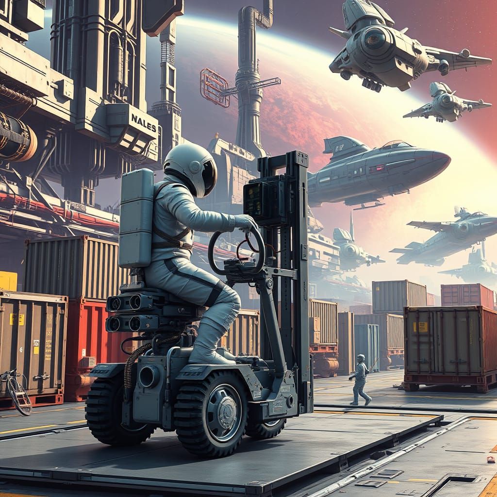 Astronaut Operates Futuristic Exoskeleton in Bustling Space ...