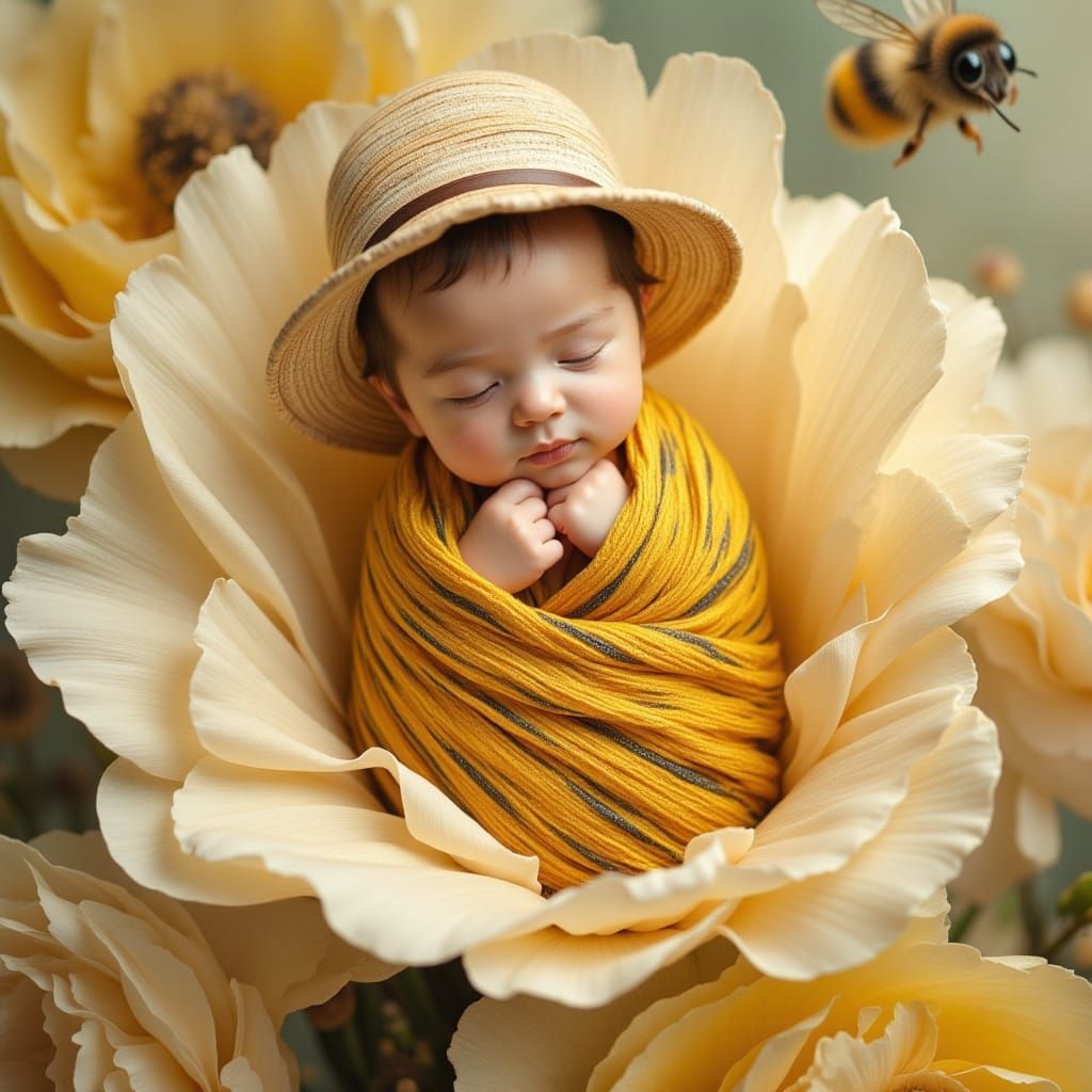 Baby Bee in Flower, Whimsical Illustration