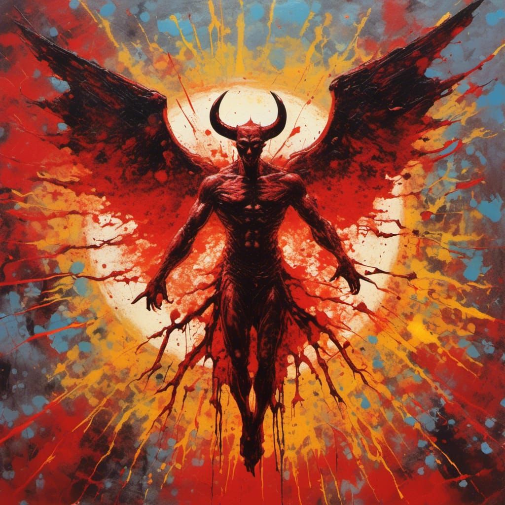 Devil in Sky with Exploding Wings, Splatter Art