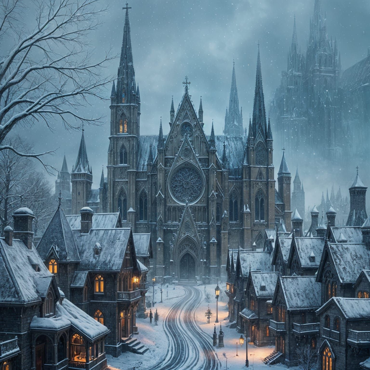 Fairytale Town in Winter with Gothic Cathedral