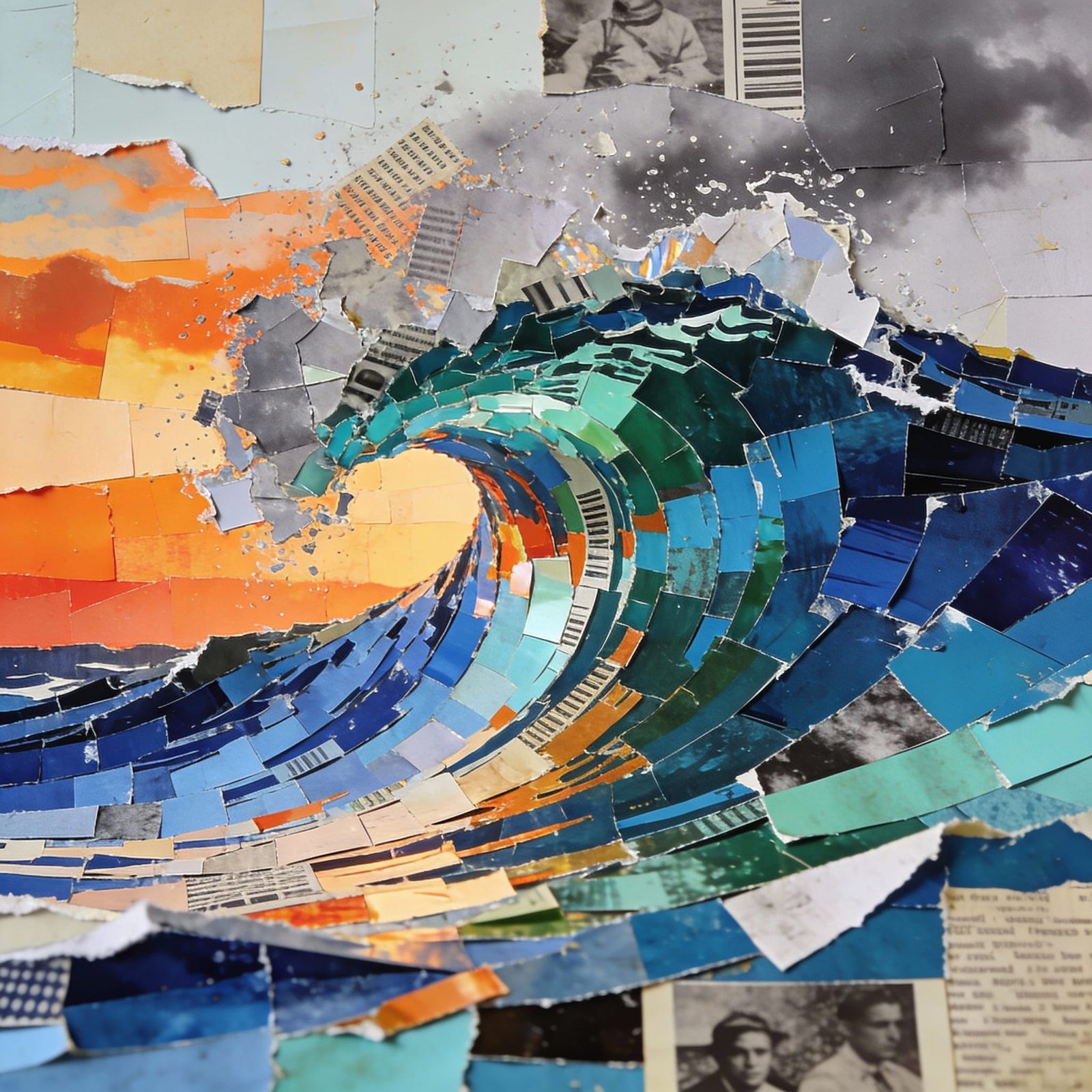 Multicolor Collage Wave Portrait from Magazine Scraps