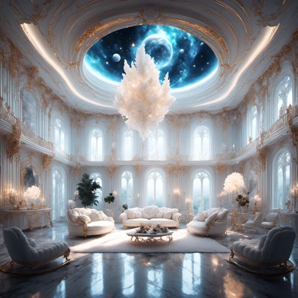 Hyperrealistic Eye in Galaxy Mansion Living Room