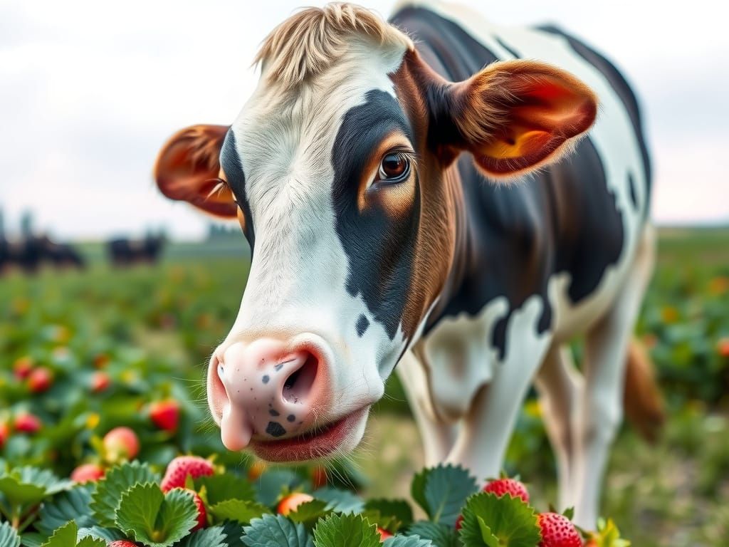 Cow eating Strawberries