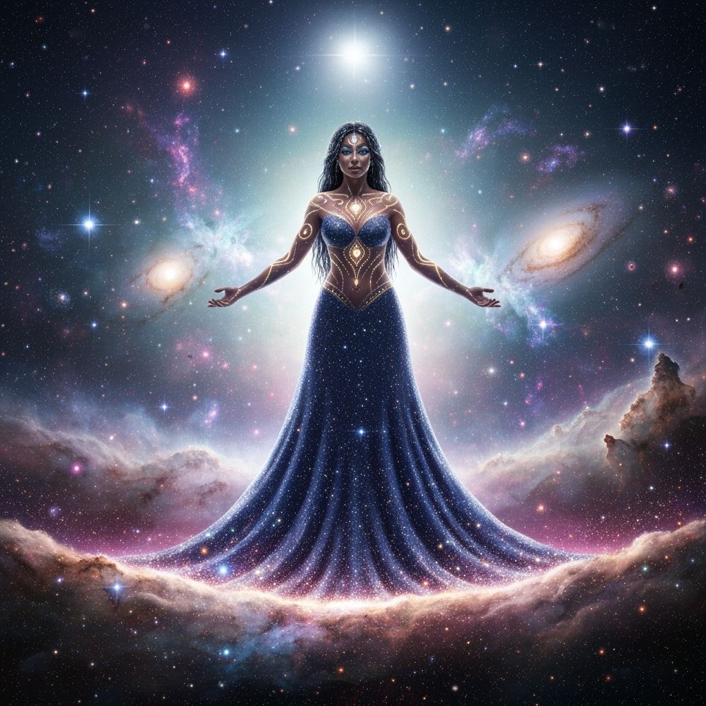 Cosmic Enchantress with Stardust Hair in Art Nouveau Style