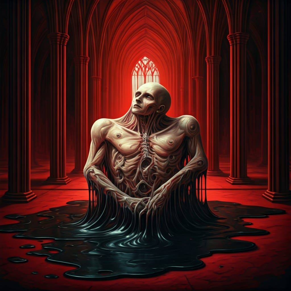 Surreal Body Horror Painting: Fused Limbs in Crimson Chamber