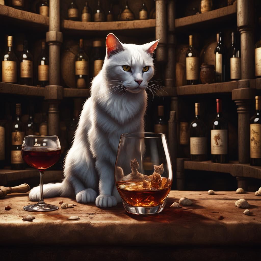 Cat Sipping Whiskey in French Wine Cellar