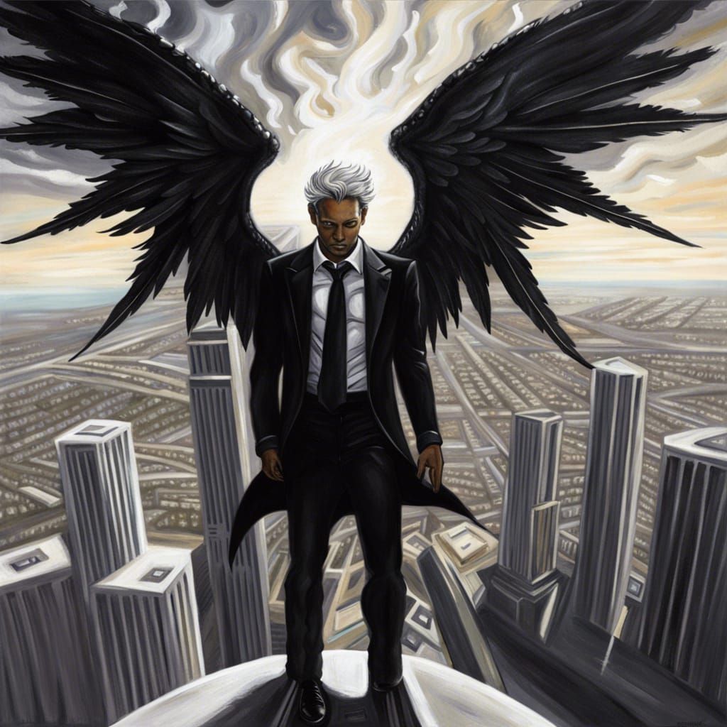 Lucifer with Angel Wings in Steampunk Cityscape