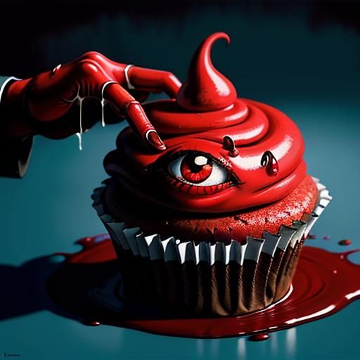 Surreal Worm Cupcake with Enormous Red Hand