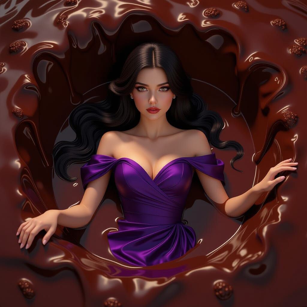 Girl in Violet Dress Sinks Into Chocolate Pit