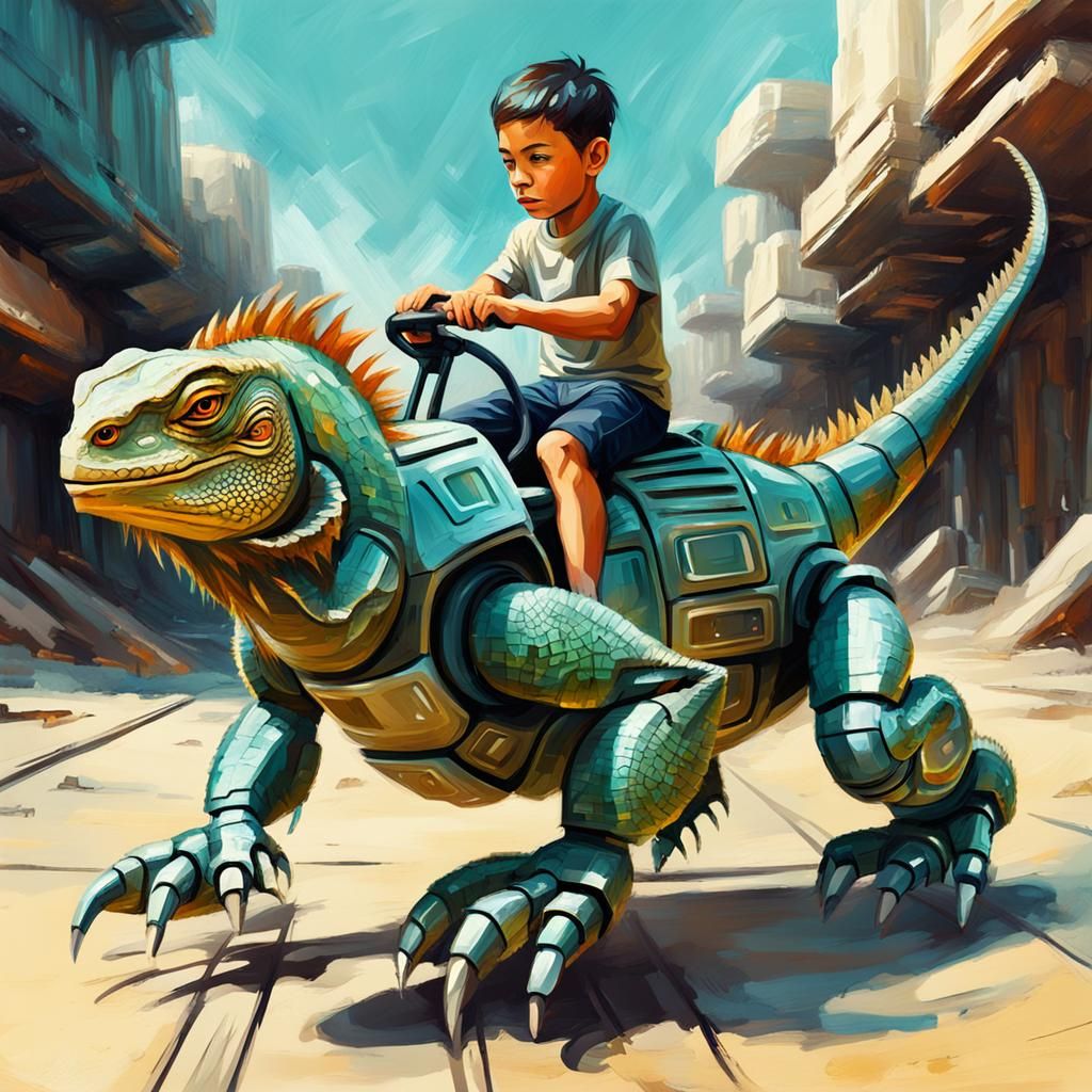 Boy Rides High Tech Robot Iguana in Impasto Style