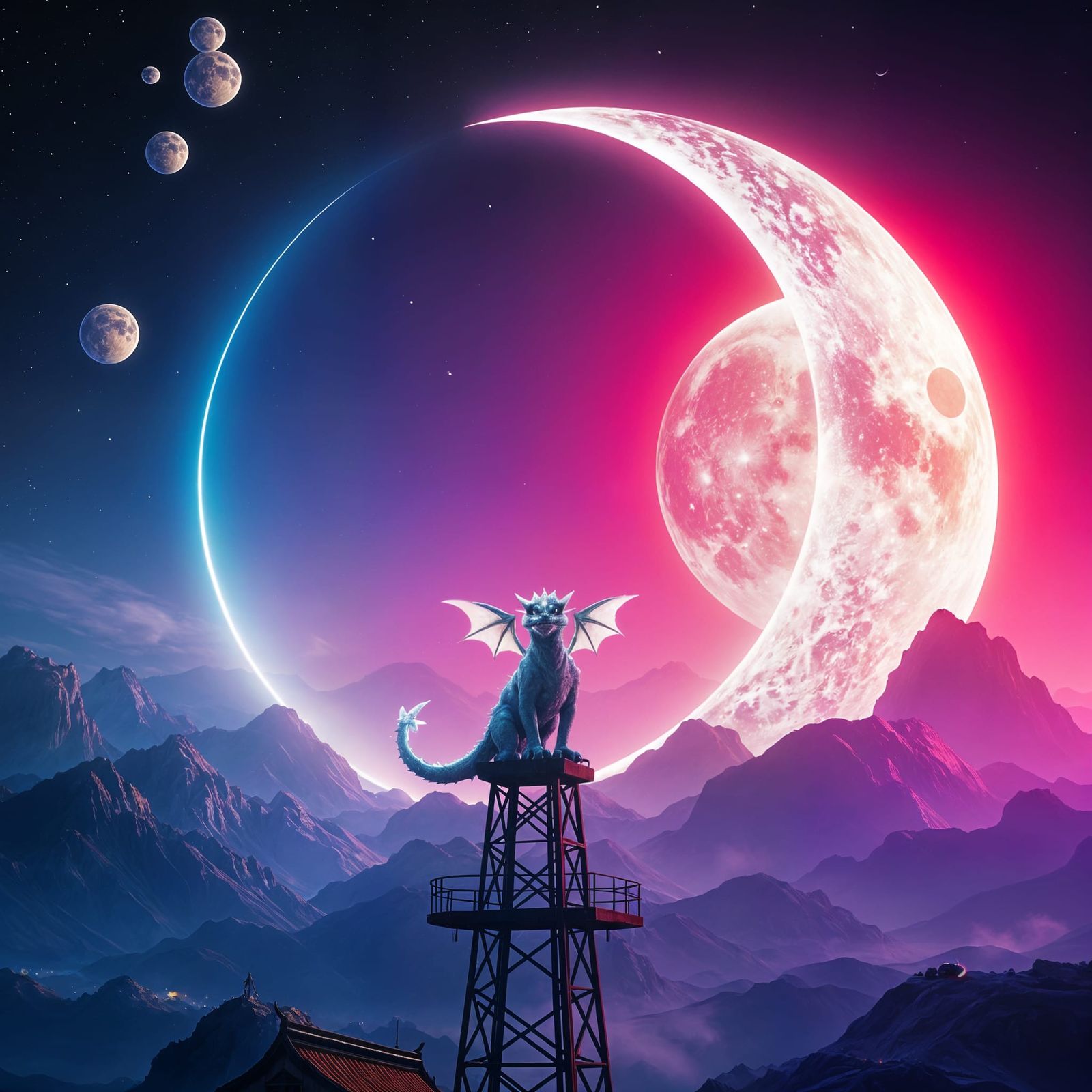 Psychedelic Dragon Hatchling on Radio Tower