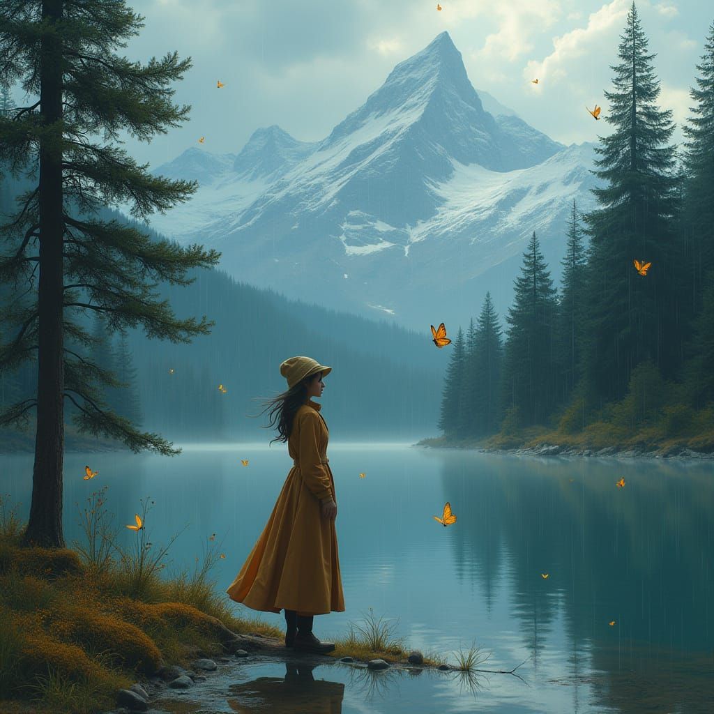 Dreamy Lake Scene with Butterflies and Snowy Mountains