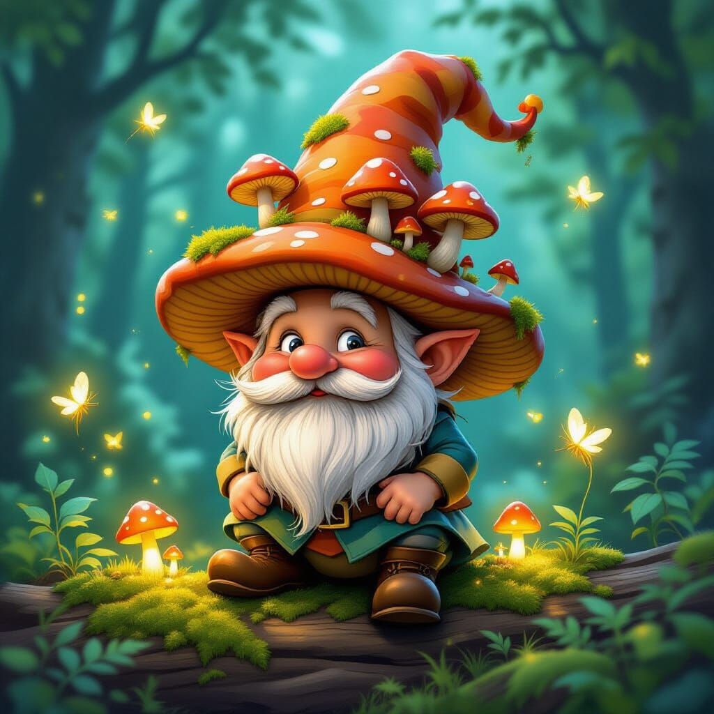 Whimsical Gnome with Mushroom Hat in Twilight Forest