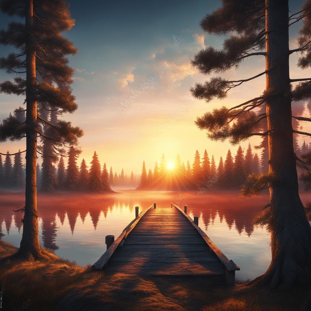 Epic Sunrise Over Lake With Pine Trees
