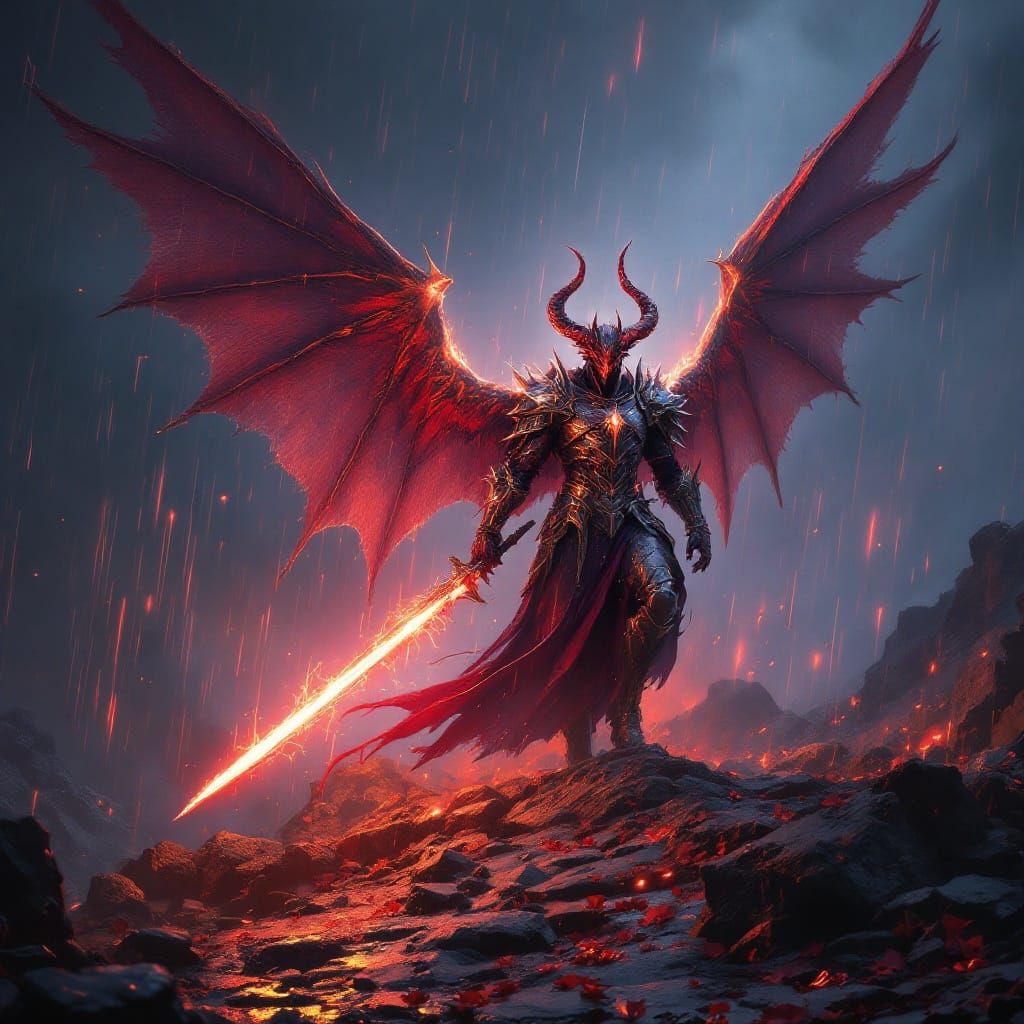 Winged Demon Knight in the Rain: Fantasy Concept Art