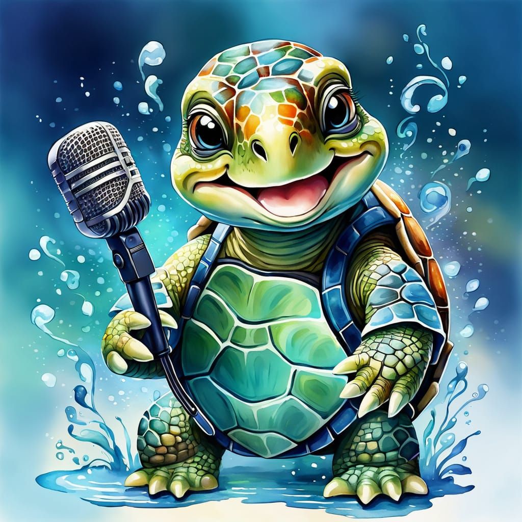 Whimsical Turtle Sings Karaoke, Watercolor Style