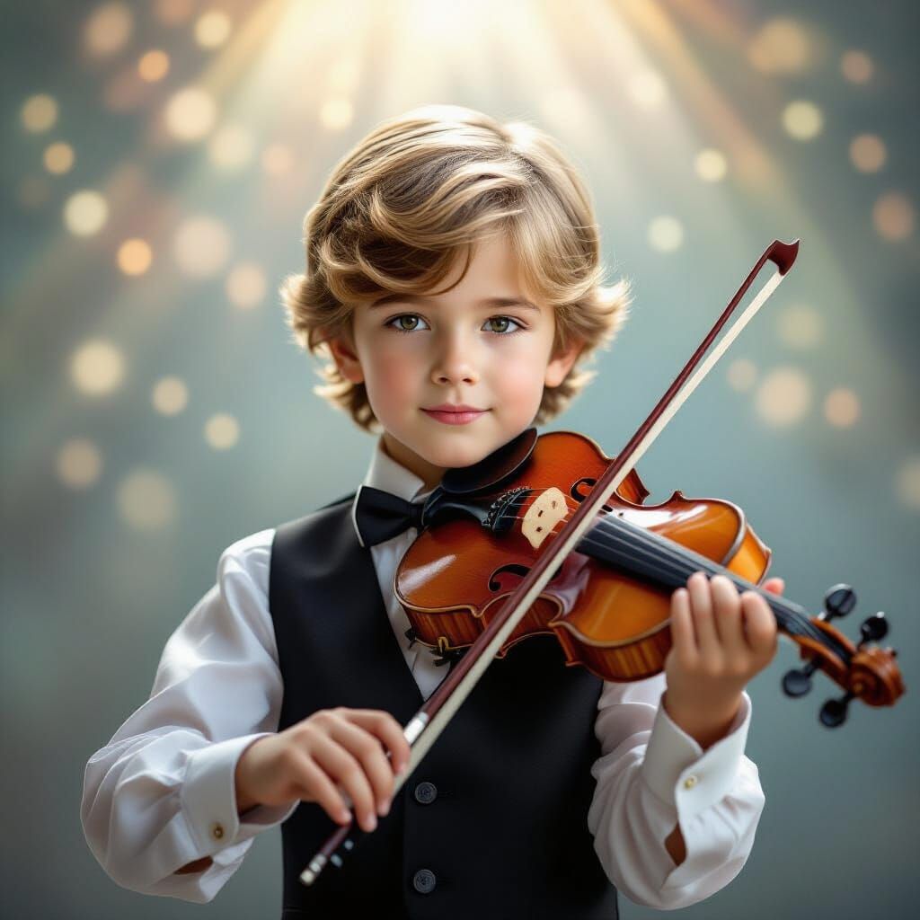 Young Boy Playing Violin with Ethereal Glow