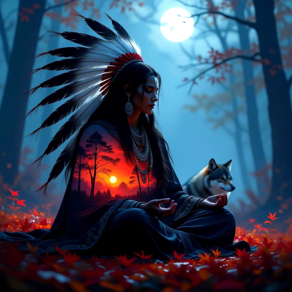 Native Spirit Guide Meditating in Autumn Forest Double Expos...