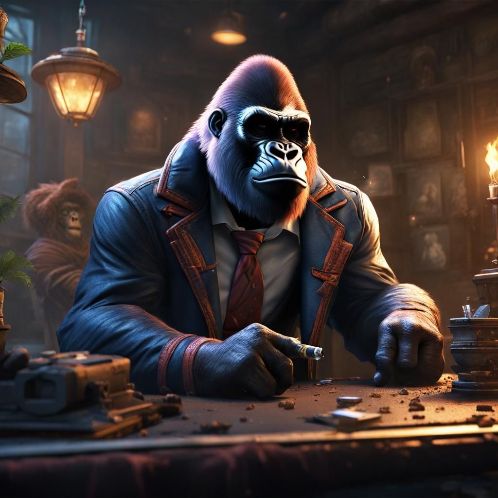 Angry Genius Gorilla Smoking: Detailed Fantasy Art